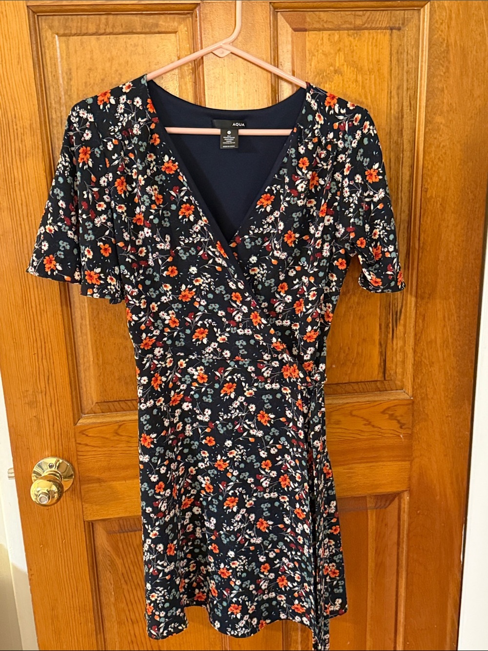 Aqua Black Floral Wrap Dress with Peach & White Flowers